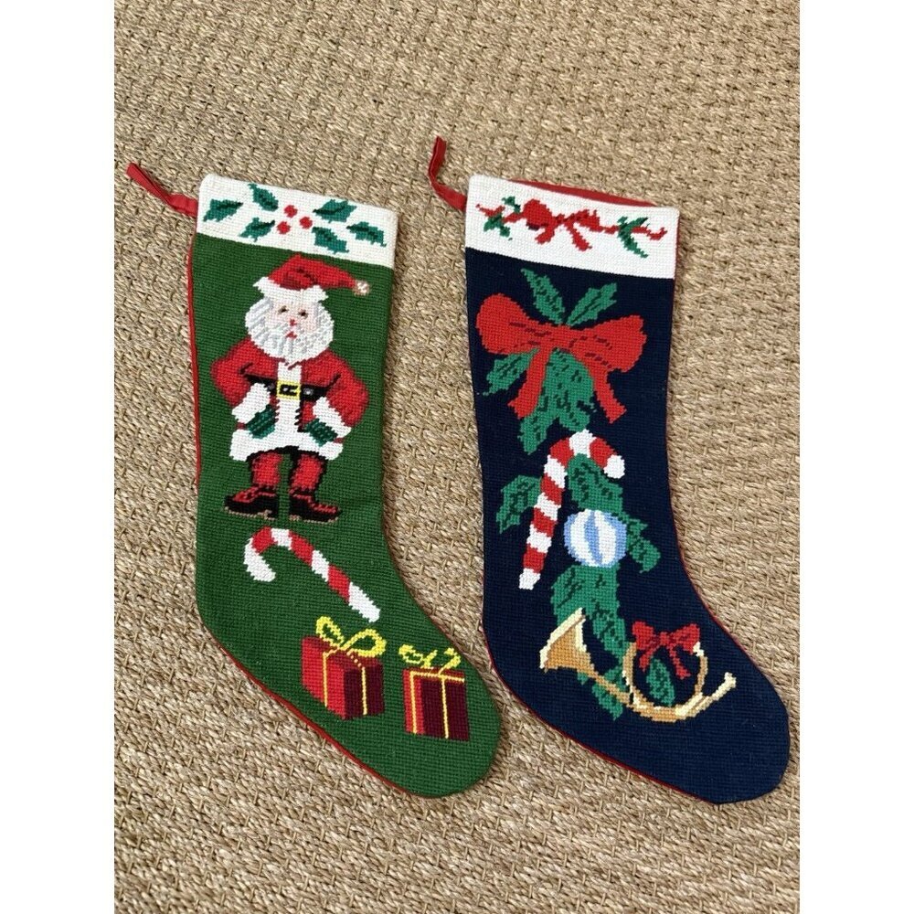 Vintage Needlepoint Christmas Stocking Lot Of 2 Santa Claus Red Velvet Back 19”‎